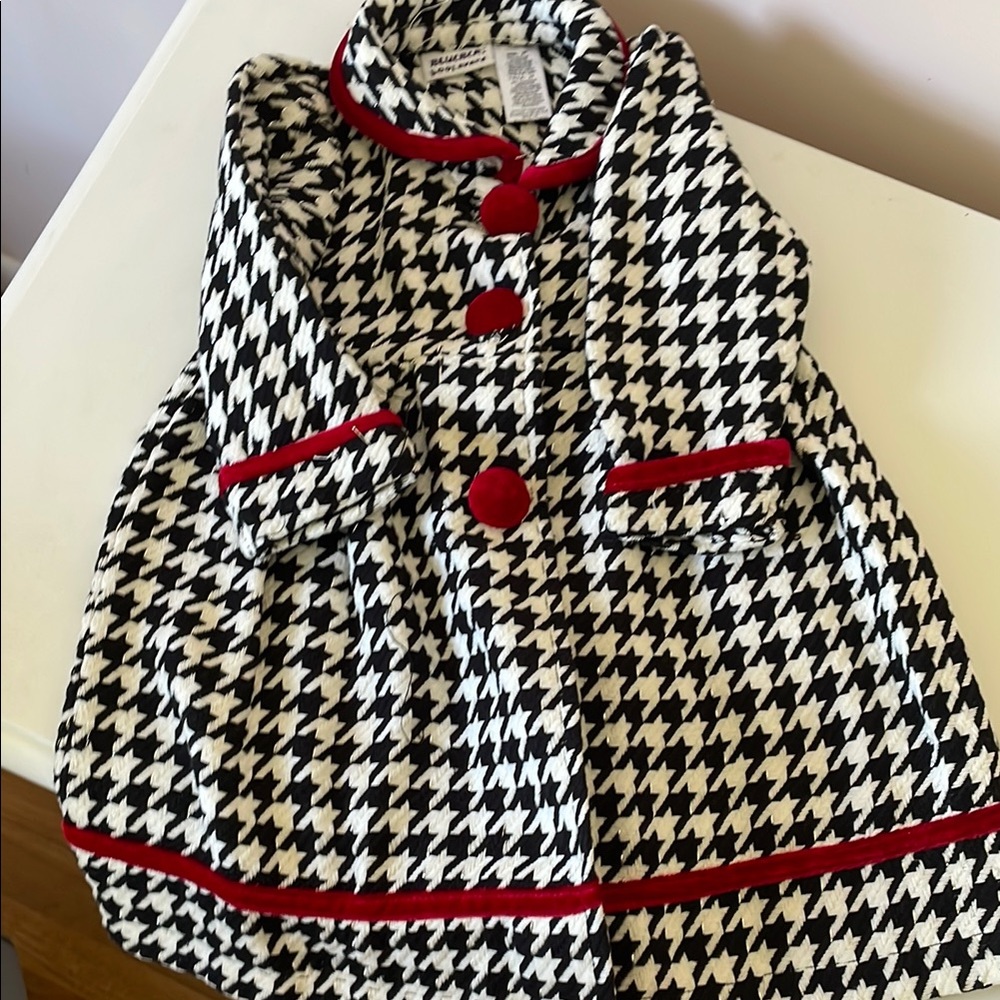 Blueberi Boulevard Black and White Houndstooth Pea Coat with Red Accents